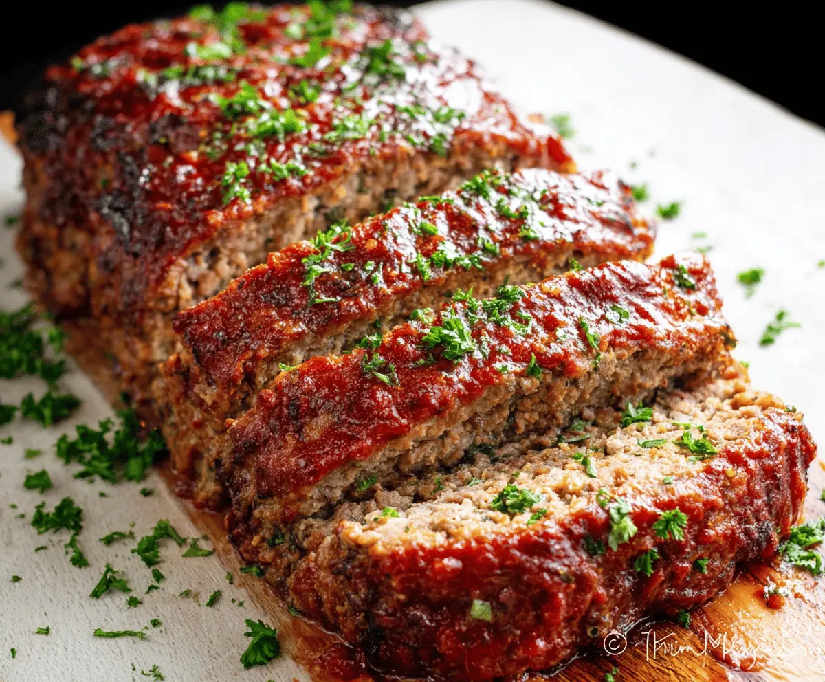 Delicious homemade keto meatloaf topped with tomato glaze, served with fresh green beans and roasted vegetables, perfect for low-carb dinner