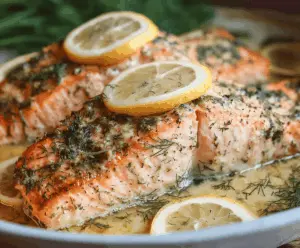 Juicy baked Lemon Dill Salmon fillet garnished with fresh dill and lemon slices on a white plate, ready to serve