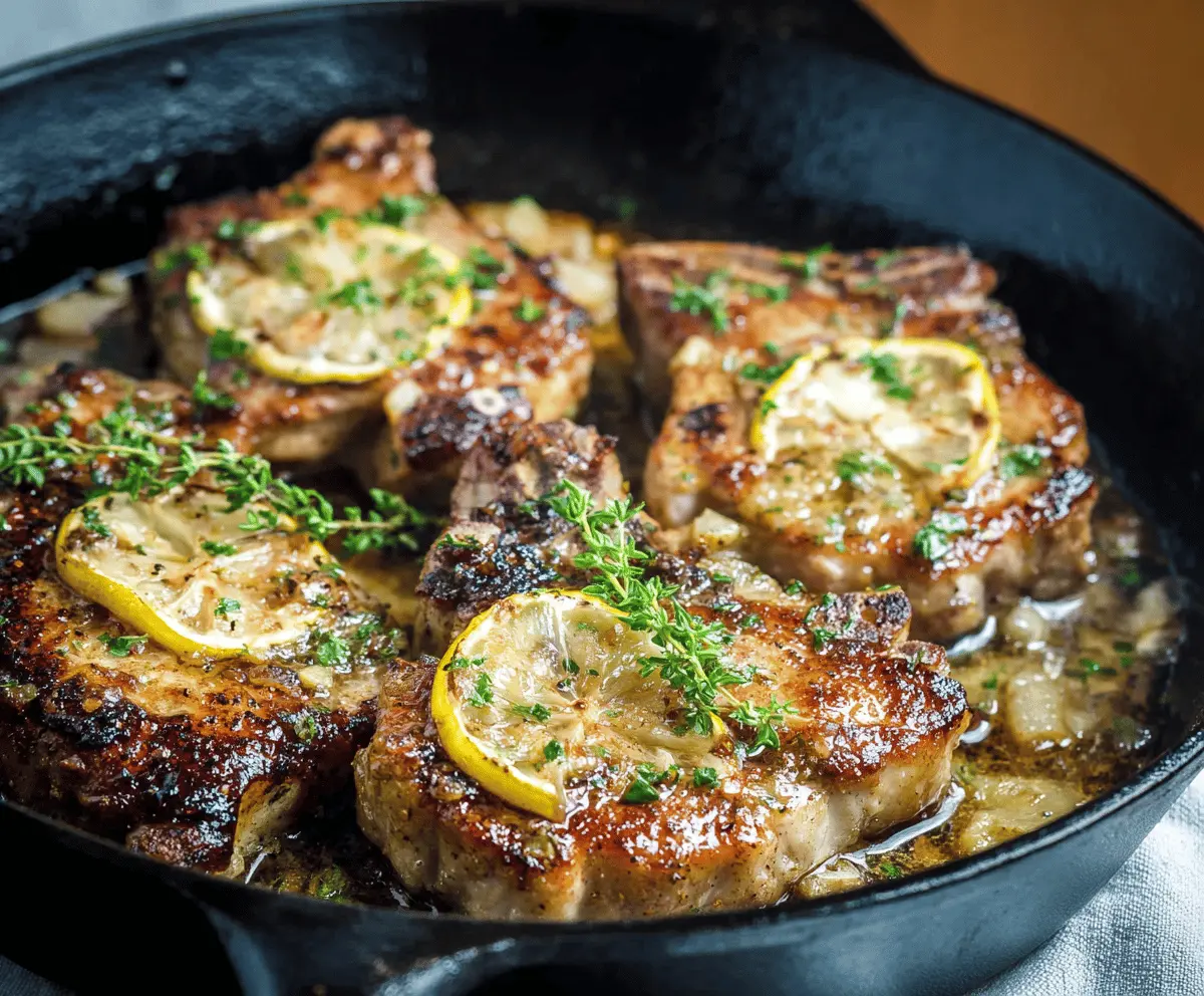 Juicy Lemon Garlic Pork Chops garnished with fresh herbs on a white plate.