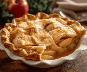 A delicious homemade maple apple pie topped with golden crust and fresh apple slices, perfect for fall desserts.