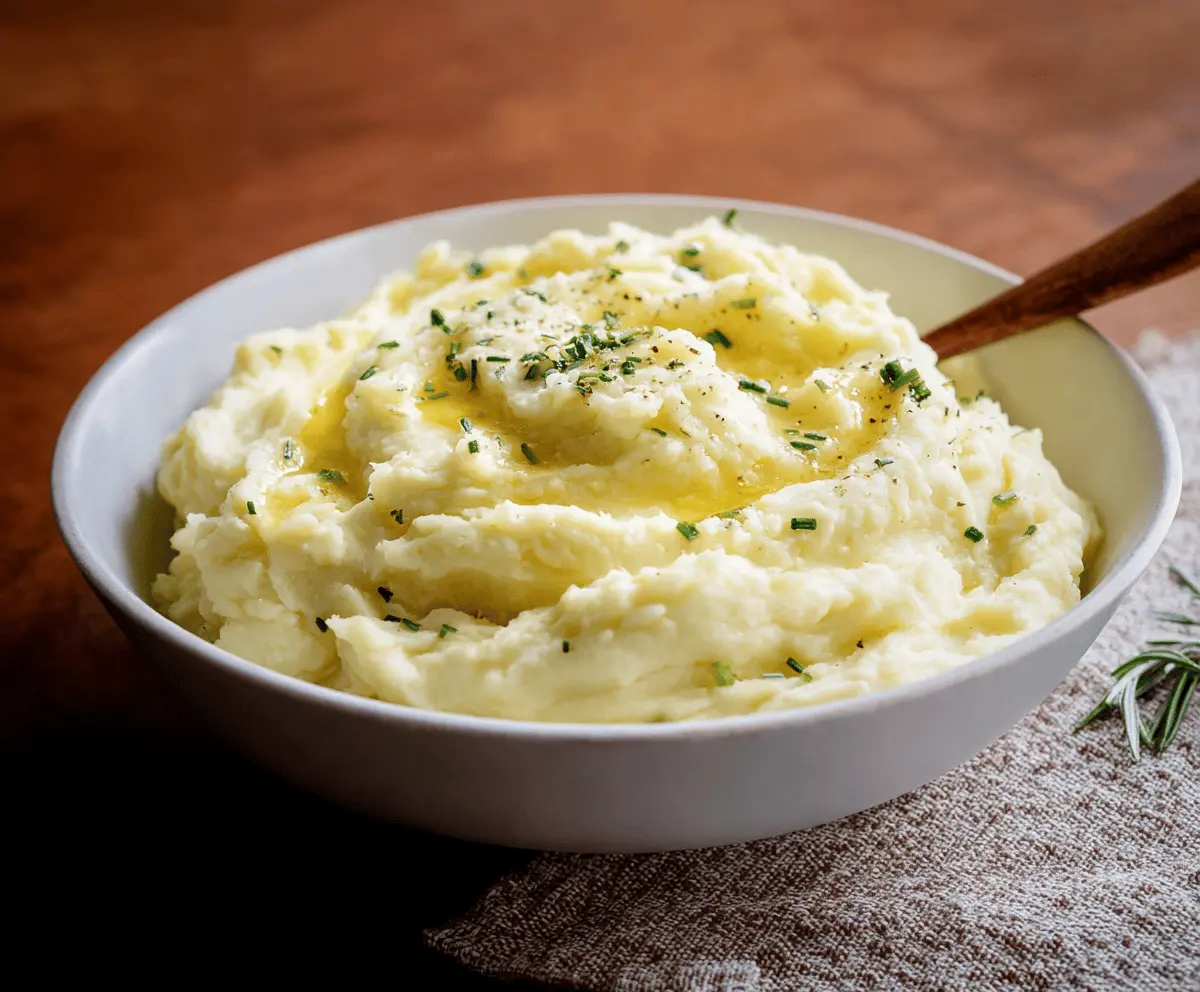 Creamy, fluffy mashed potatoes topped with a pat of butter and fresh herbs, perfect for a comforting side dish.