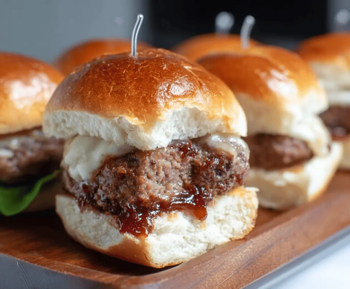 Delicious meatloaf sliders topped with melted cheese and fresh herbs on a platter