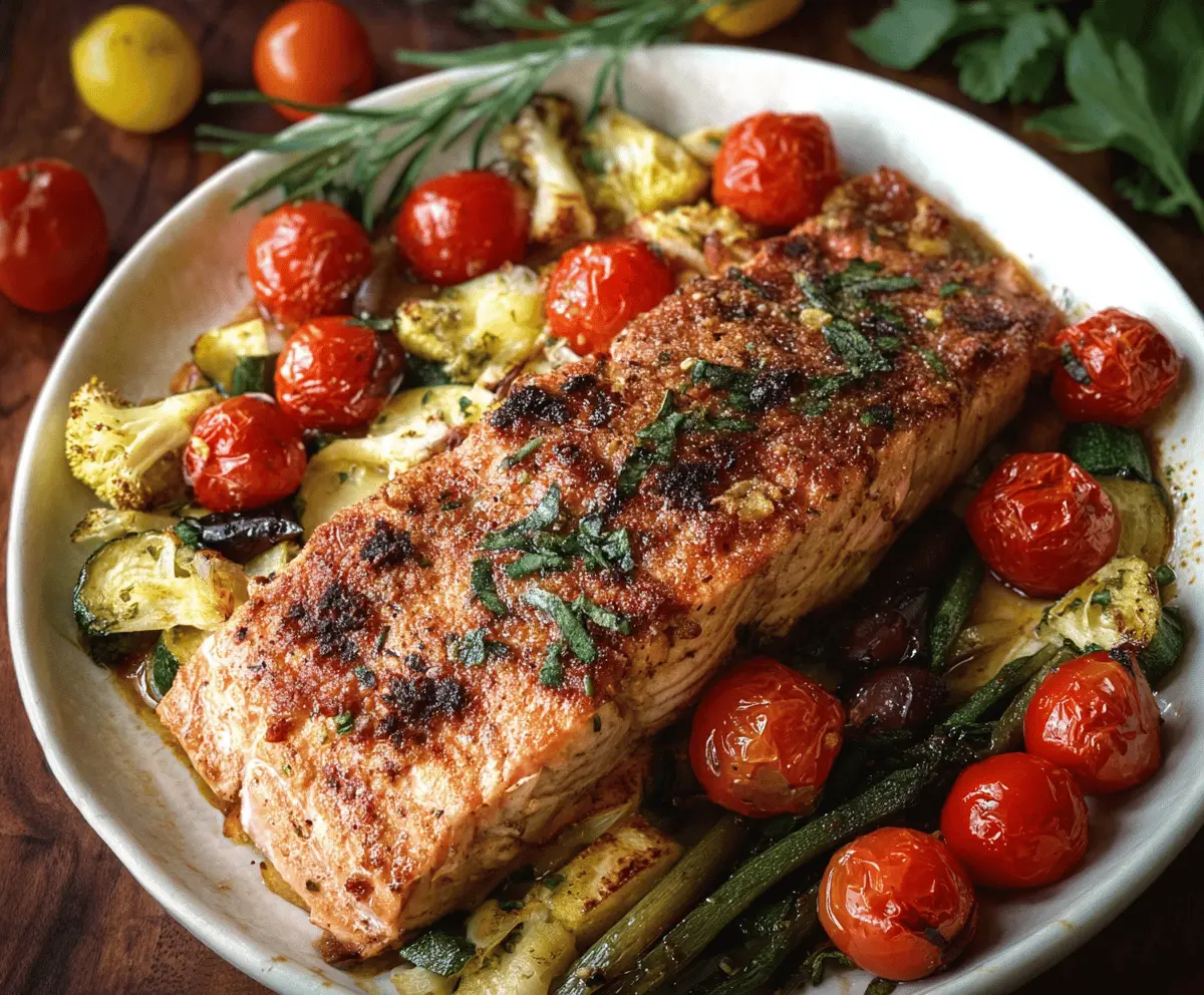 Fresh Mediterranean Salmon Bake with cherry tomatoes, olives, spinach, and herbs on a white plate, garnished with lemon wedges
