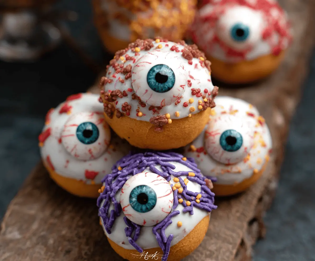 Colorful Monster Donut Eyeballs with vibrant frosting, sprinkles, and candy eyeballs, perfect for Halloween treats