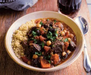 Delicious Moroccan Beef Stew with tender beef, vegetables, and fragrant spices served in a rustic bowl