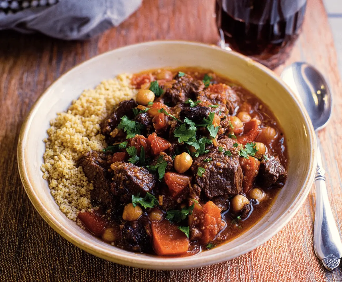 Delicious Moroccan Beef Stew with tender beef, vegetables, and fragrant spices served in a rustic bowl