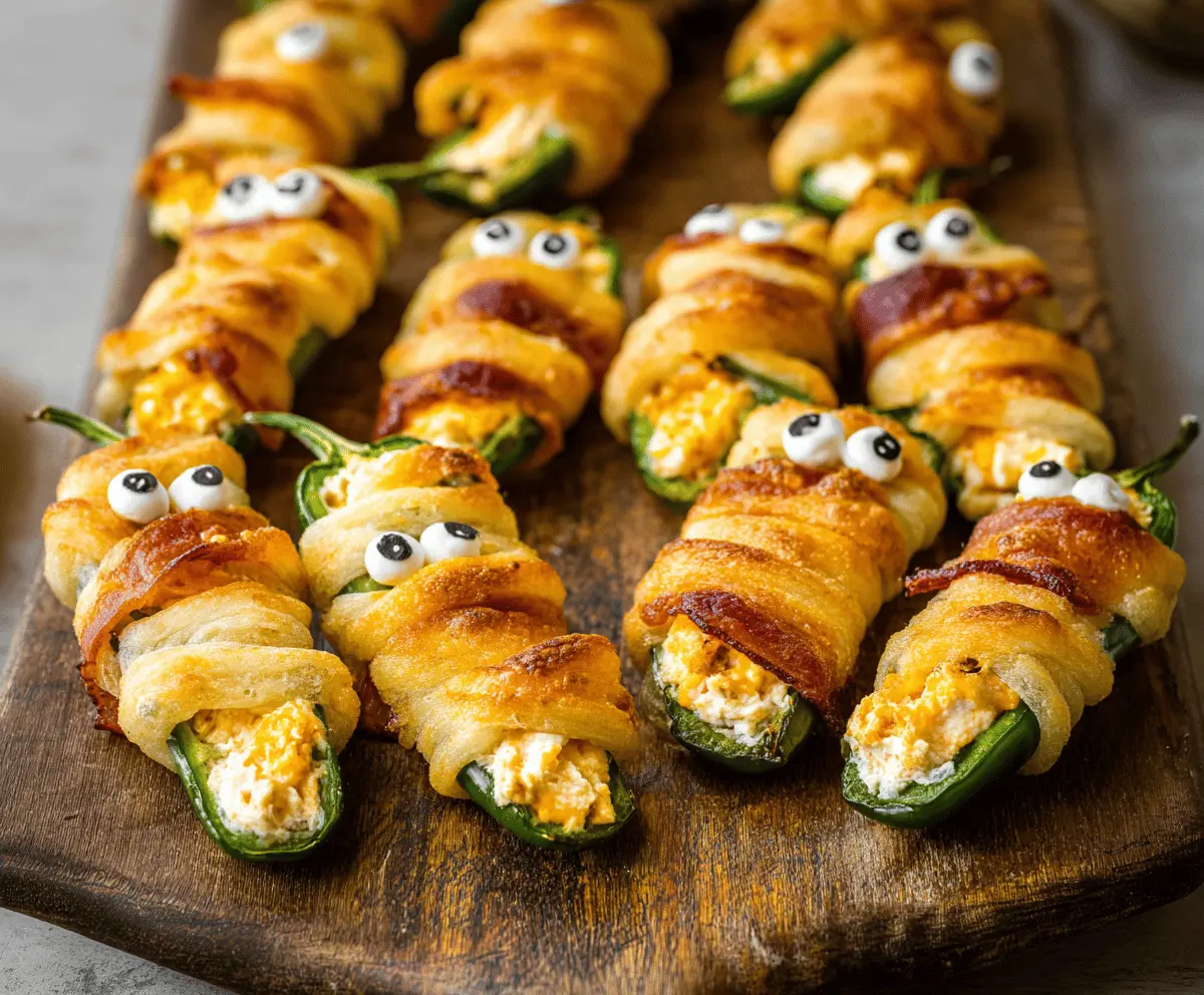 Spooky Mummy Jalapeño Poppers garnished with melted cheese and olive eyes, perfect for Halloween appetizers