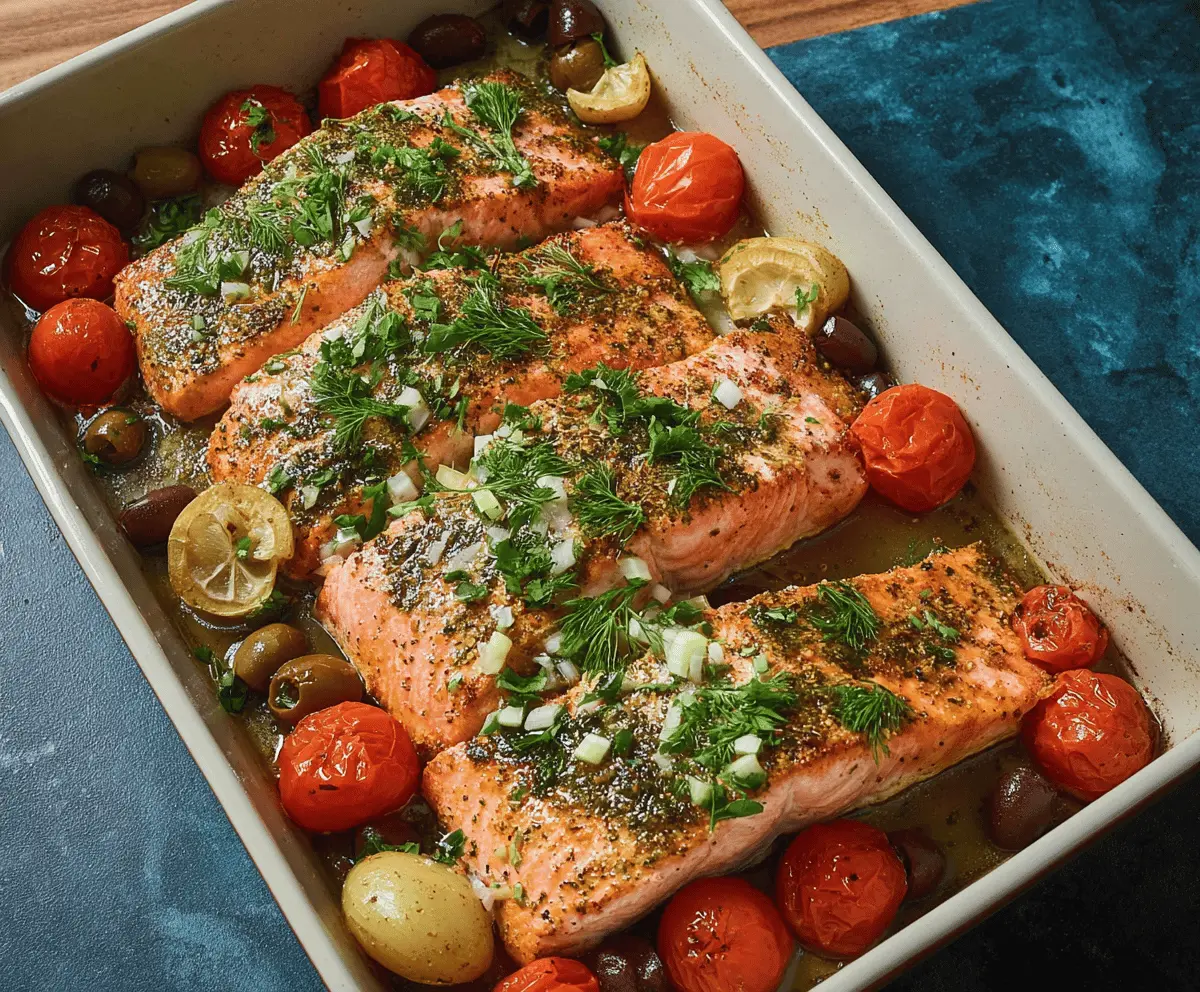 Baked Greek-style salmon fillet with herbs and lemon on a white plate.
