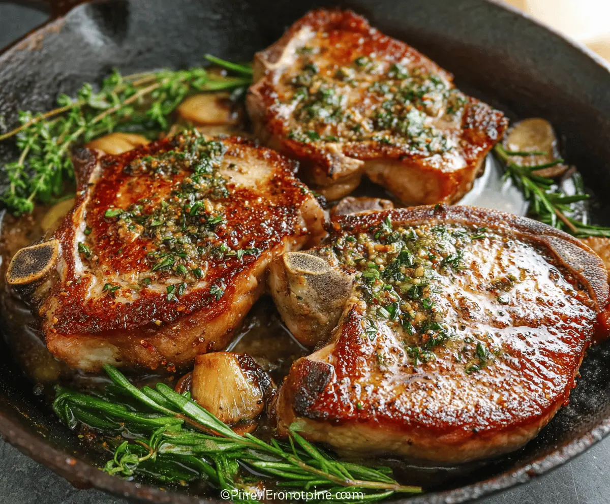 Juicy pan-seared pork chops with golden-brown crust served on a plate with side vegetables, perfect for a flavorful dinner.