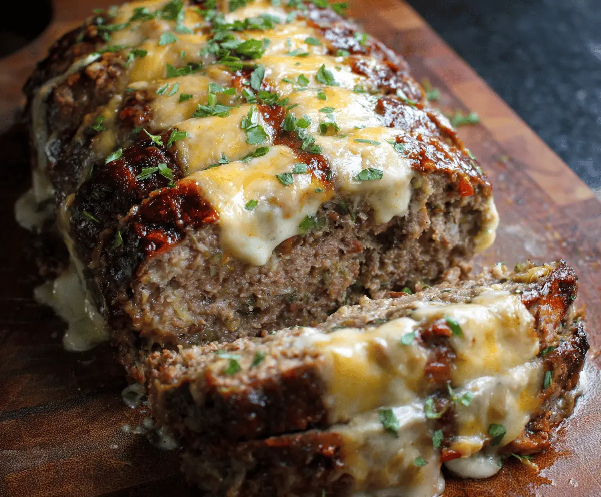 Delicious Philly Cheesesteak Meatloaf topped with melted cheese and sautéed peppers, served on a plate