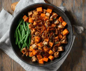 Delicious pork and sweet potato skillet served with fresh herbs, perfect for a hearty and healthy meal.