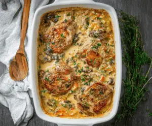Delicious baked pork chop casserole topped with melted cheese and fresh herbs, served in a baking dish.