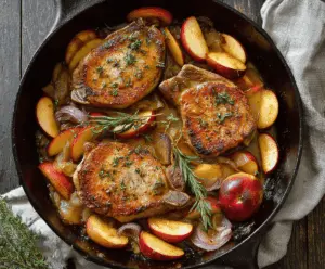 Juicy pork chops served with caramelized apples and sautéed onions on a plate, perfect for a savory and sweet meal.