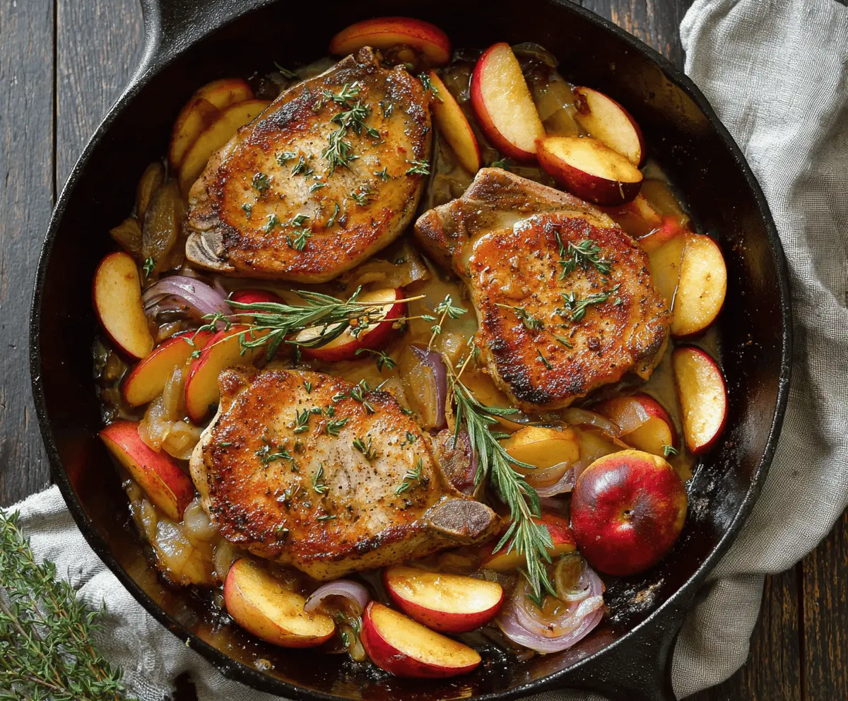Juicy pork chops served with caramelized apples and sautéed onions on a plate, perfect for a savory and sweet meal.