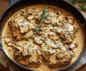 Juicy pork chops topped with creamy mushroom soup served on a plate, garnished with fresh herbs for a delicious dinner