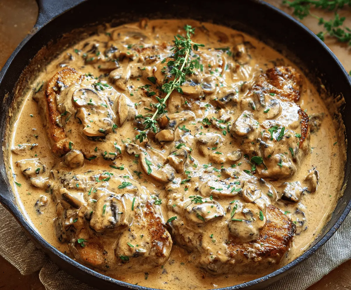 Juicy pork chops topped with creamy mushroom soup served on a plate, garnished with fresh herbs for a delicious dinner