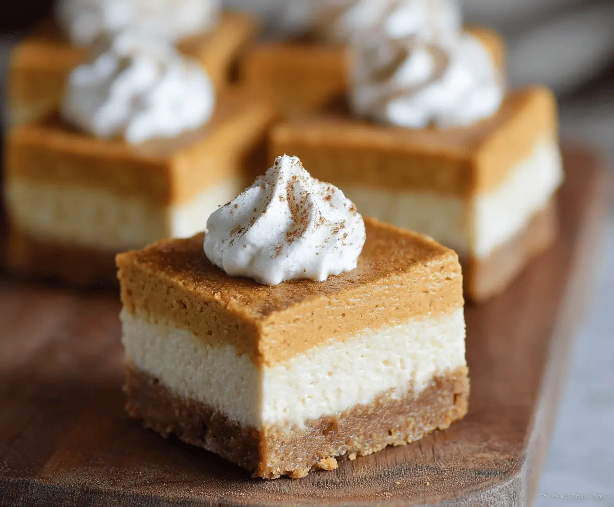 Delicious Pumpkin Cheesecake Bars topped with whipped cream and cinnamon on a rustic wooden platter, perfect for fall desserts