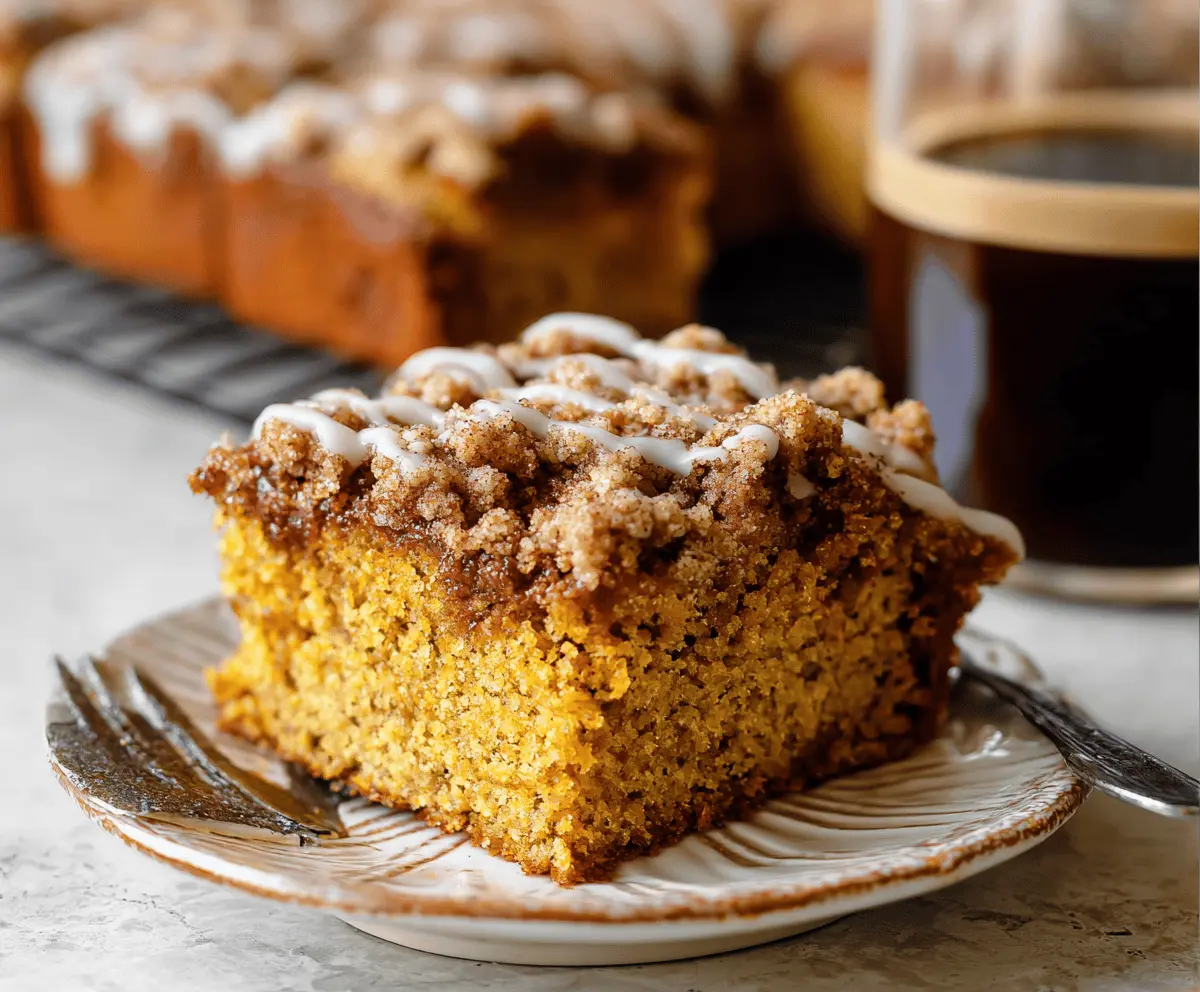 Delicious Pumpkin Cinnamon Coffee Cake topped with whipped cream and cinnamon, perfect for fall dessert or breakfast