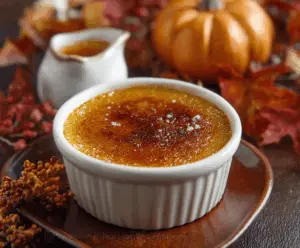 Delicious Pumpkin Creme Brulee topped with caramelized sugar and whipped cream, perfect for fall dessert.