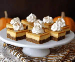 Creamy pumpkin gingersnap cheesecake bars topped with whipped cream and gingersnap cookie crumbs, perfect for fall desserts