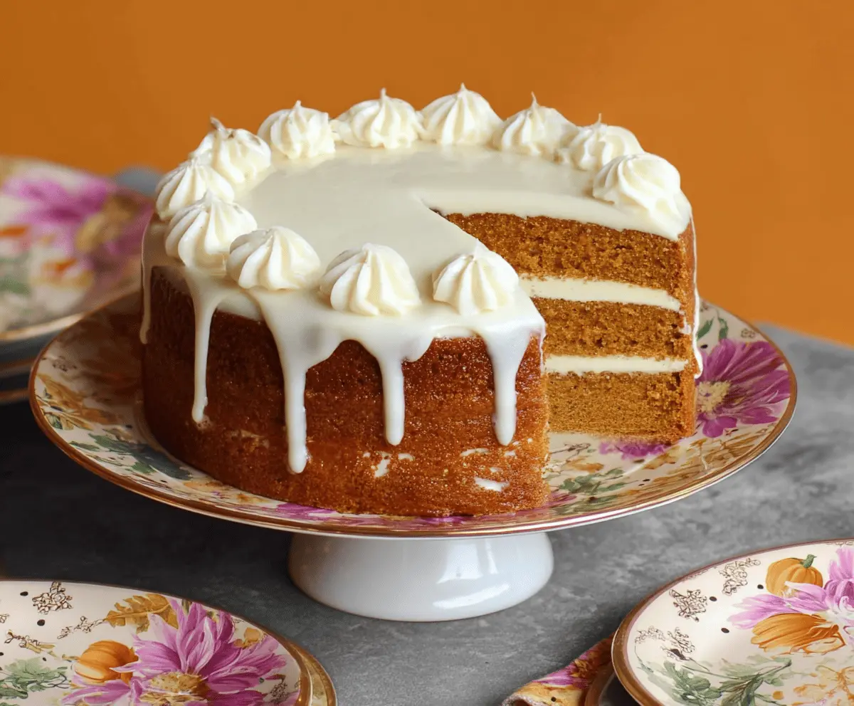 Delicious homemade pumpkin layer cake with cream cheese frosting and festive fall decorations