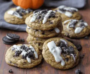 Delicious Pumpkin Oreo White Chocolate Cookies topped with crushed Oreos and white chocolate chunks, perfect for fall baking
