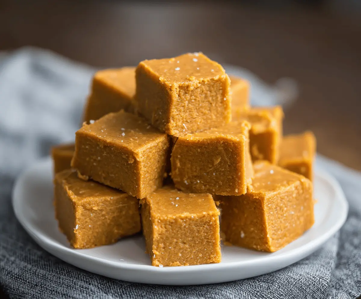 Creamy Pumpkin Peanut Butter Fudge topped with crushed nuts and a drizzle of chocolate, perfect for fall desserts.