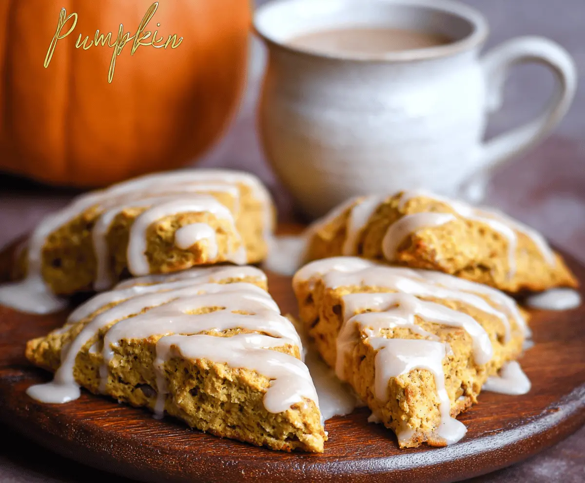 Delicious homemade pumpkin scones topped with creamy maple icing on a rustic wooden table.