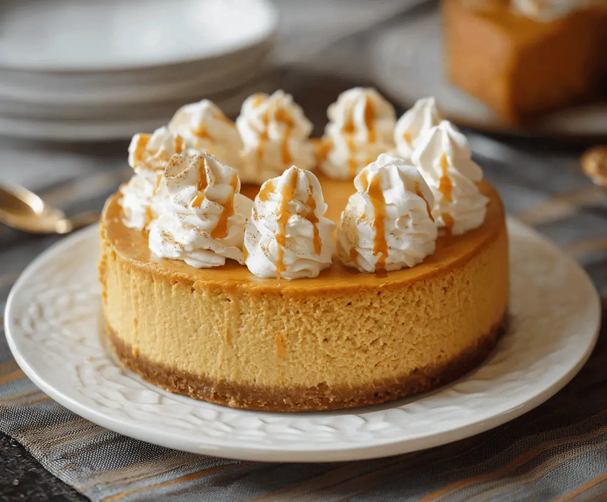Creamy pumpkin spice cheesecake topped with whipped cream and cinnamon, perfect for fall desserts.
