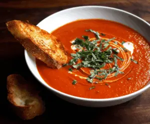 A bowl of vibrant red pepper and tomato soup garnished with fresh herbs, served with bread slices on a rustic wooden table.