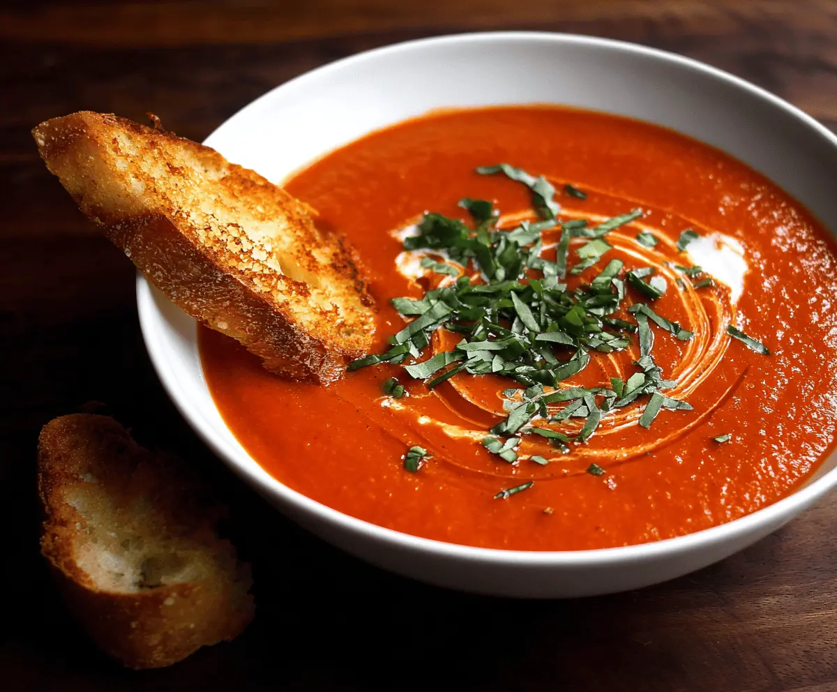 A bowl of vibrant red pepper and tomato soup garnished with fresh herbs, served with bread slices on a rustic wooden table.