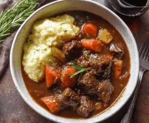 Hearty red wine beef stew with tender beef chunks, vegetables, and herbs served in a rustic bowl.