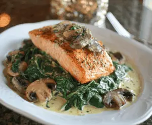 Delicious baked Salmon Florentine with fresh spinach and sautéed mushrooms on a plate, perfect for a healthy dinner