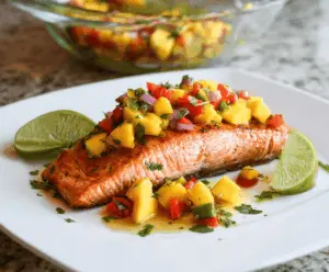 Delicious grilled salmon topped with vibrant fresh mango salsa, served on a white plate, highlighting a healthy seafood dish with colorful tropical flavors.