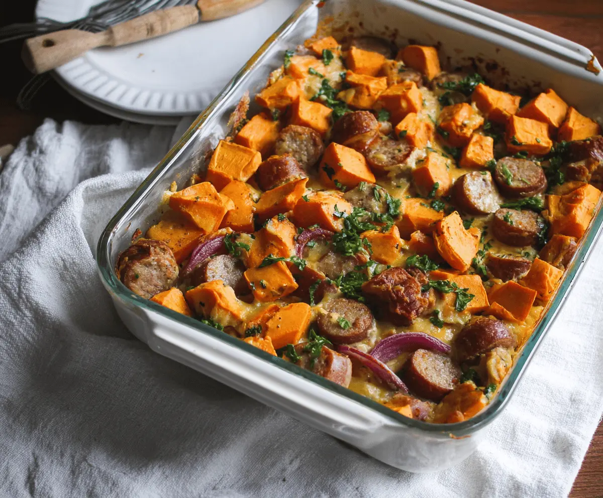Delicious sausage and sweet potato casserole in a baking dish, perfect for a hearty meal