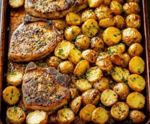 Juicy sheet pan pork chops with golden roasted potatoes, fresh herbs, and vegetables for an easy dinner recipe.
