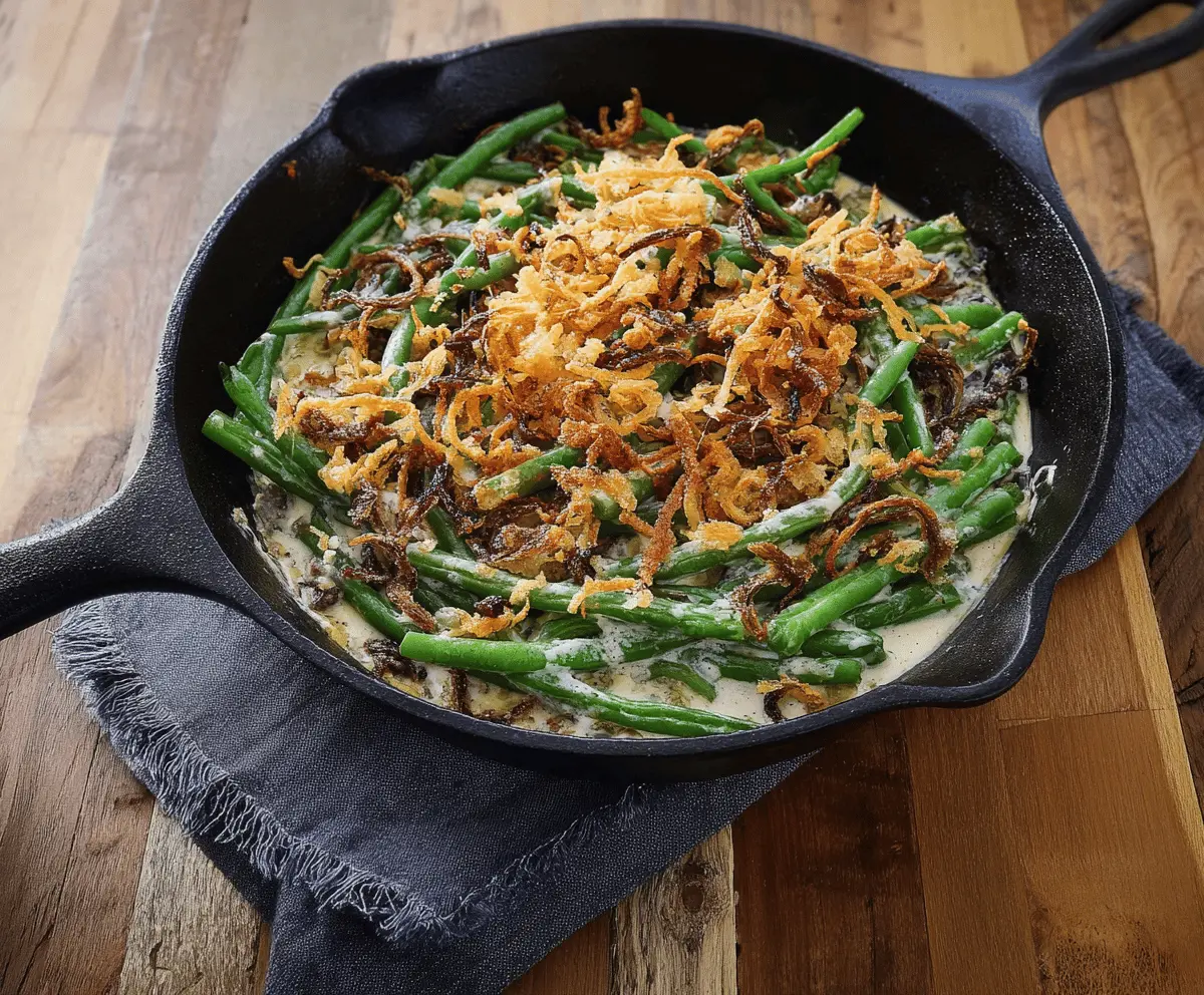Delicious skillet green bean casserole with crispy fried onions and fresh green beans, perfect for festive dinners.