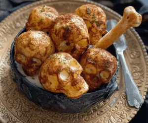 A spooky Halloween-themed plate featuring Skull Potatoes garnished with herbs and Bone Breadsticks arranged like bones on a dark background.