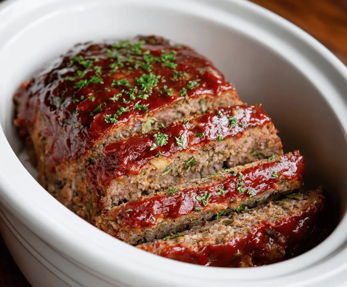 Delicious homemade slow cooker meatloaf garnished with fresh herbs and served on a plate with sides, ready to enjoy