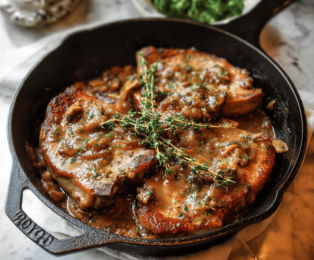 Juicy smothered pork chops topped with savory gravy and caramelized onions served on a plate