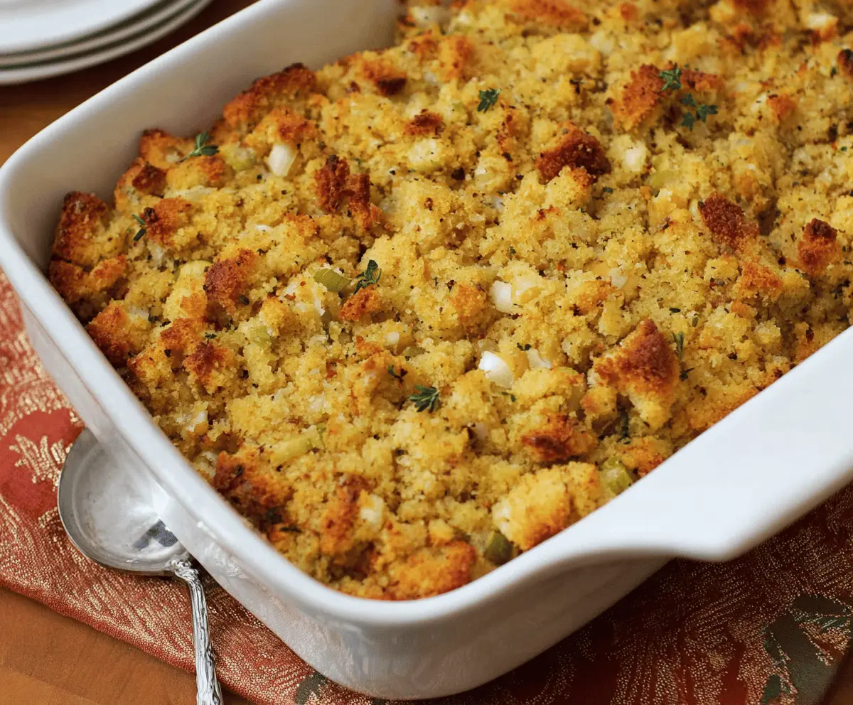 Delicious homemade Southern Cornbread Dressing with crispy golden-brown top and savory herbs, perfect for holiday dinners