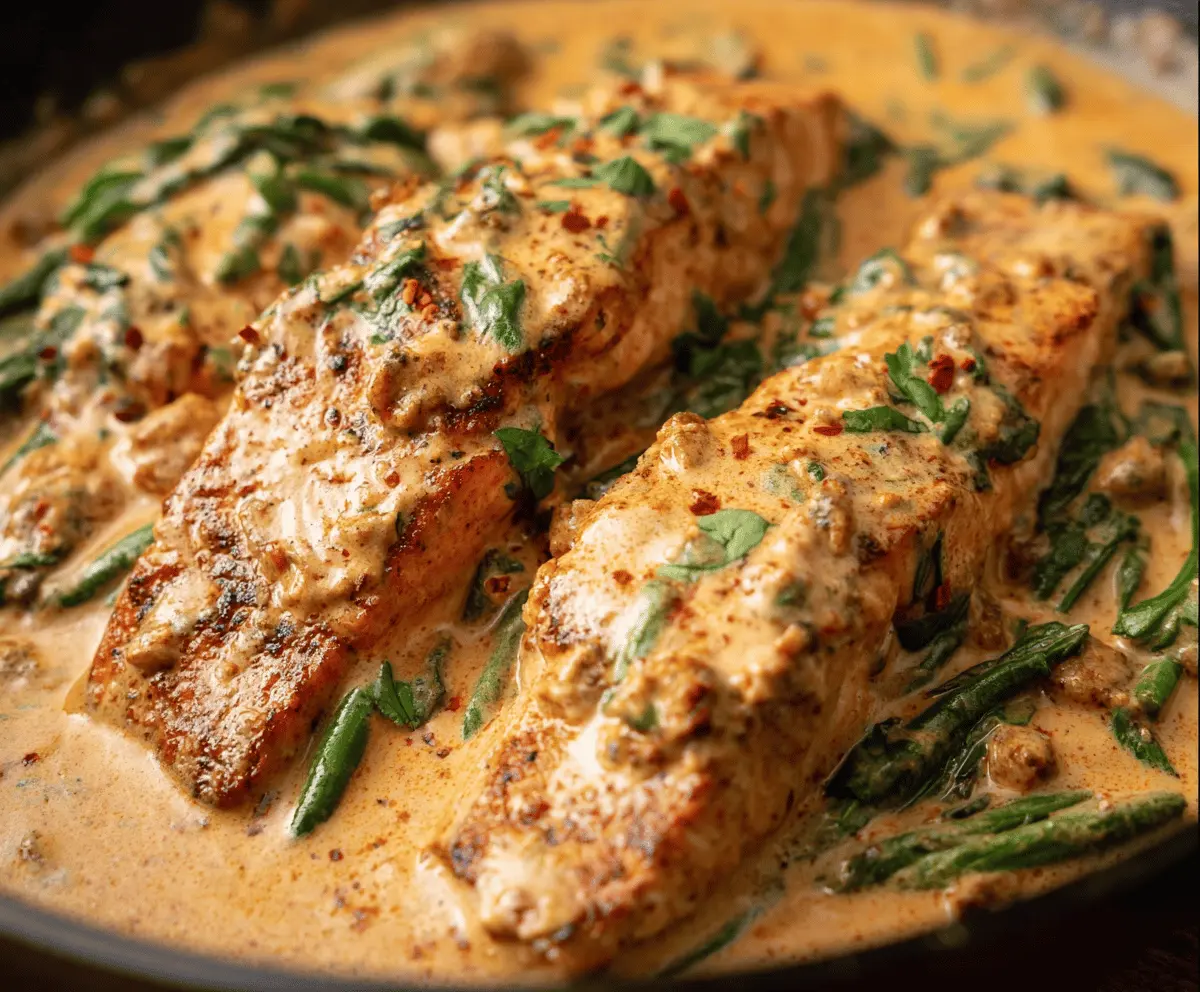 Creamy Cajun Salmon topped with spicy seasoning and fresh herbs on a plate, served with vibrant vegetables