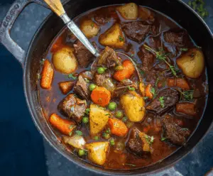 Hearty stovetop beef stew with tender beef chunks, carrots, potatoes, and savory broth served in a rustic bowl