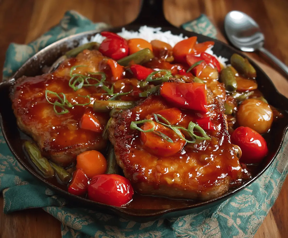 Delicious sweet and sour pork chops served on a plate with colorful vegetables.