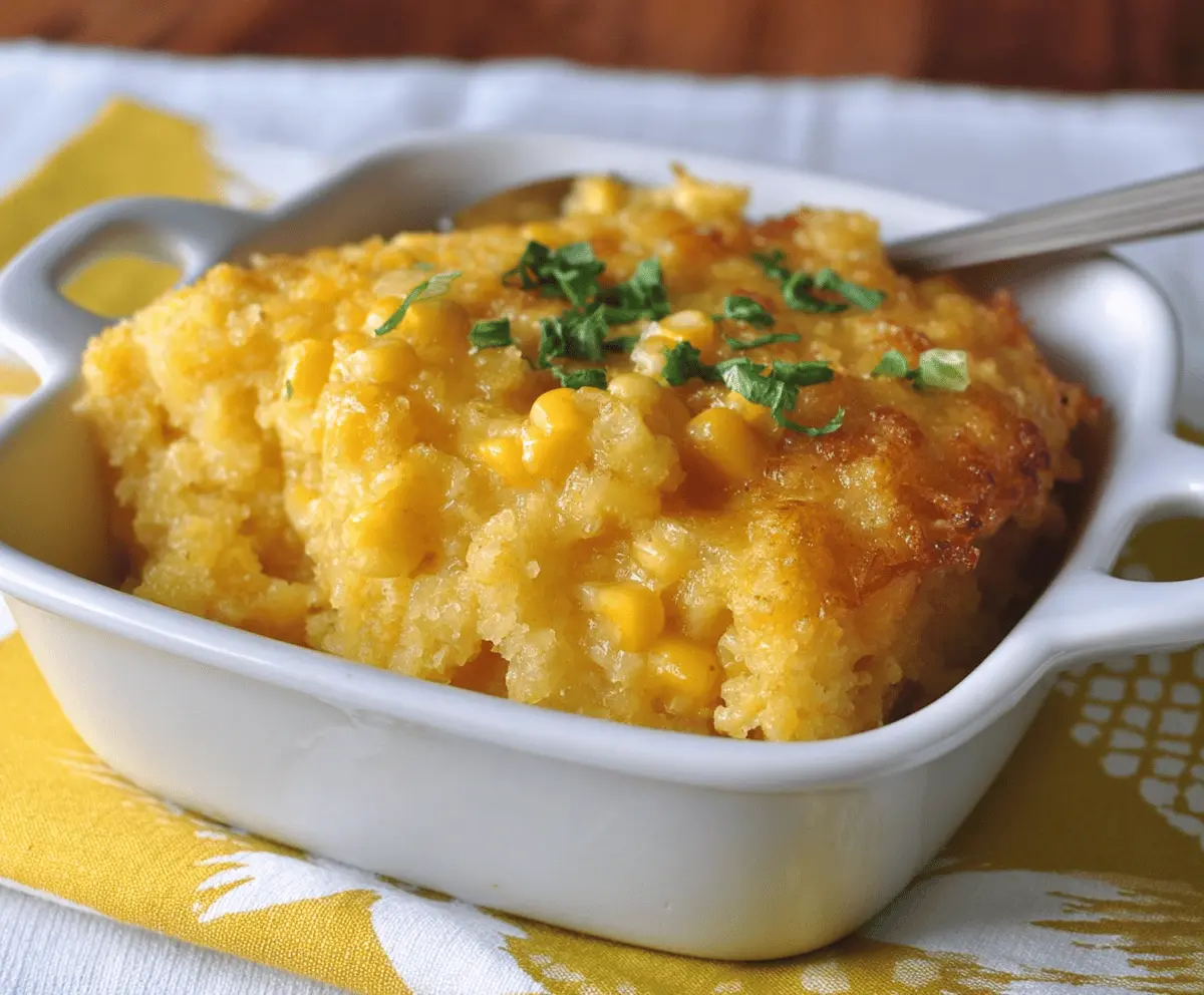 Creamy sweet corn casserole topped with golden brown cheese and fresh herbs, ready to serve as a delicious side dish.