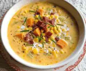 Creamy sweet potato and corn chowder served in a rustic bowl, garnished with fresh herbs.