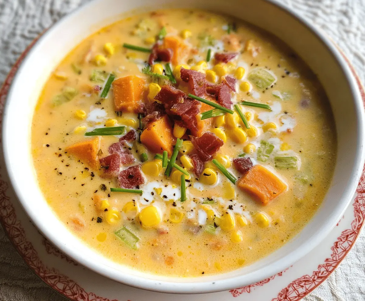 Creamy sweet potato and corn chowder served in a rustic bowl, garnished with fresh herbs.