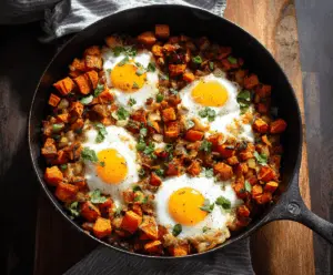 Delicious sweet potato hash with sunny side up eggs served on a plate