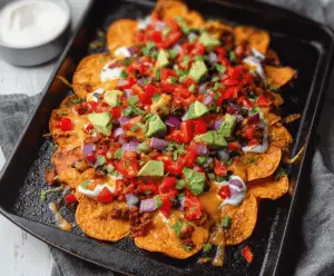 Delicious sweet potato loaded nachos topped with melted cheese, avocado, and fresh herbs.