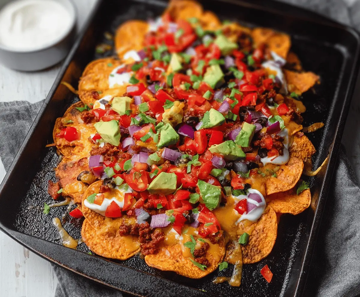 Delicious sweet potato loaded nachos topped with melted cheese, avocado, and fresh herbs.